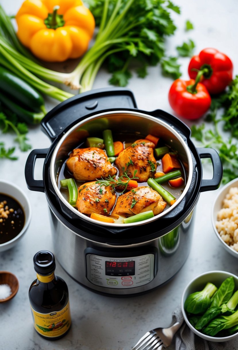 A pressure cooker surrounded by fresh vegetables and marinated chicken, with a bottle of balsamic vinegar nearby