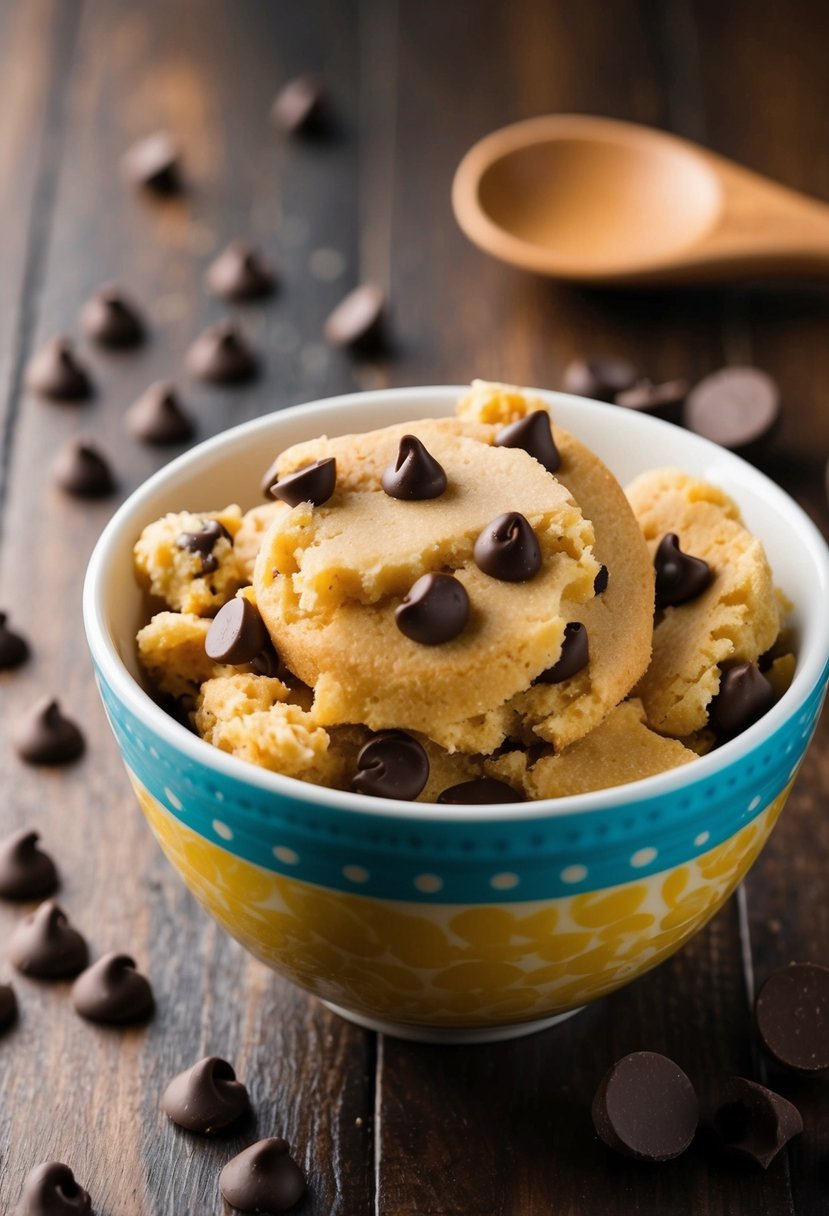 A mixing bowl filled with cookie dough made from muffin mix, surrounded by scattered chocolate chips and a wooden spoon