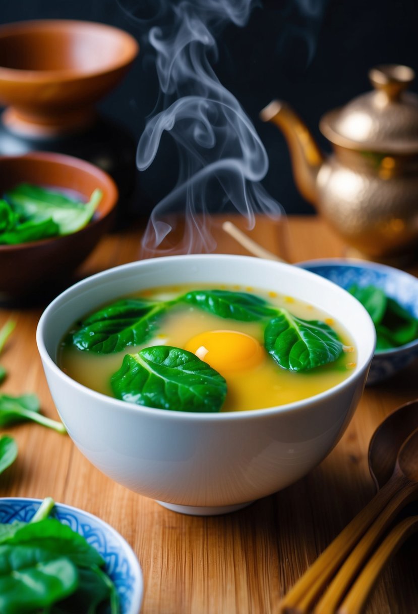 A steaming bowl of egg drop soup with vibrant green spinach leaves floating on the surface, surrounded by traditional Chinese utensils