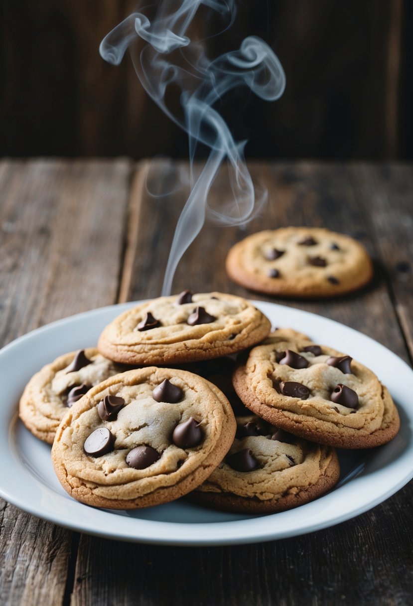 A plate of freshly baked chocolate chip cookies, with steam rising from their golden brown surface, sits on a rustic wooden table