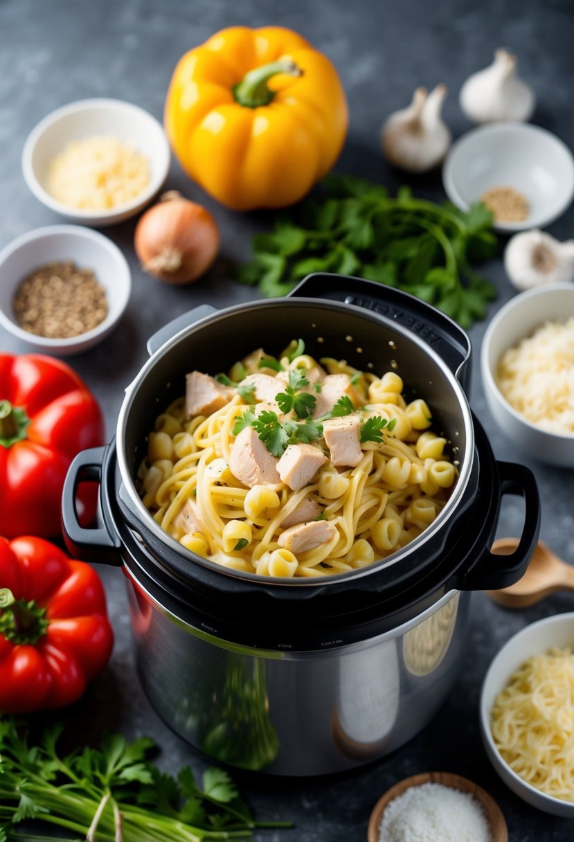 A pressure cooker surrounded by fresh ingredients for Chicken Alfredo Pasta