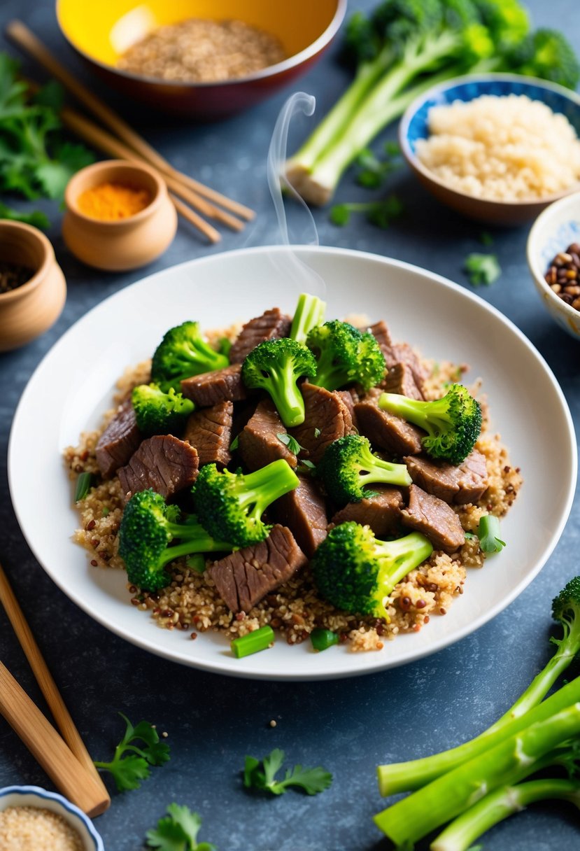 A steaming plate of beef and broccoli stir-fry with quinoa, surrounded by colorful Chinese ingredients and cooking utensils