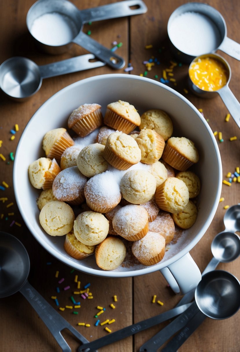 A mixing bowl filled with muffin mix, sugar, and sprinkles, surrounded by measuring cups and spoons