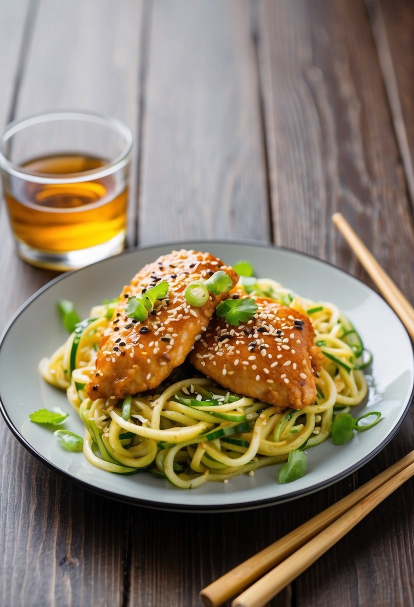 A plate of sesame chicken with zoodles, garnished with sesame seeds and green onions, sits on a wooden table next to a pair of chopsticks