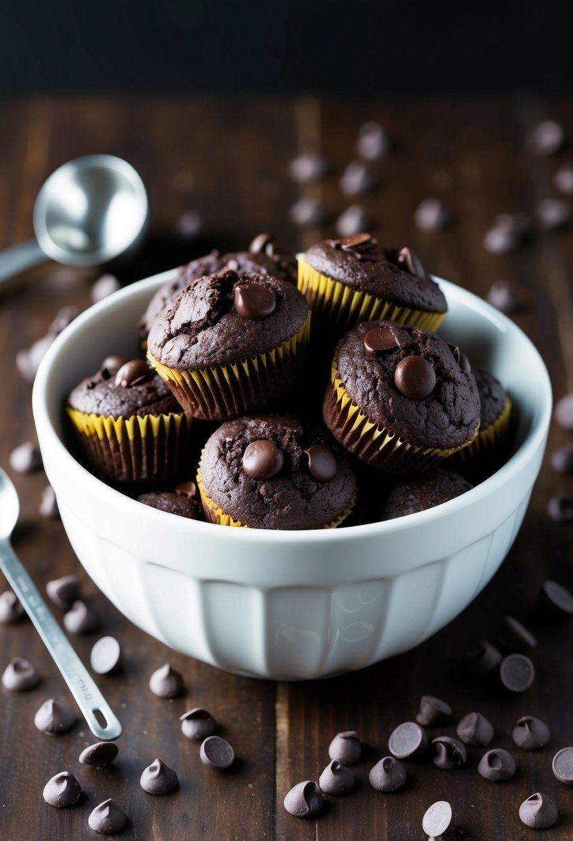 A mixing bowl filled with double chocolate muffin mix, surrounded by scattered chocolate chips and a measuring spoon