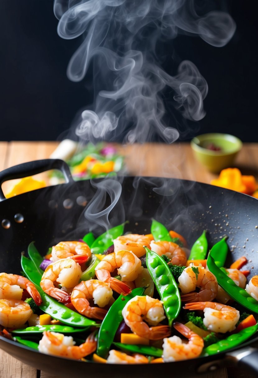 A sizzling wok filled with vibrant shrimp, snow peas, and colorful vegetables, emitting aromatic steam