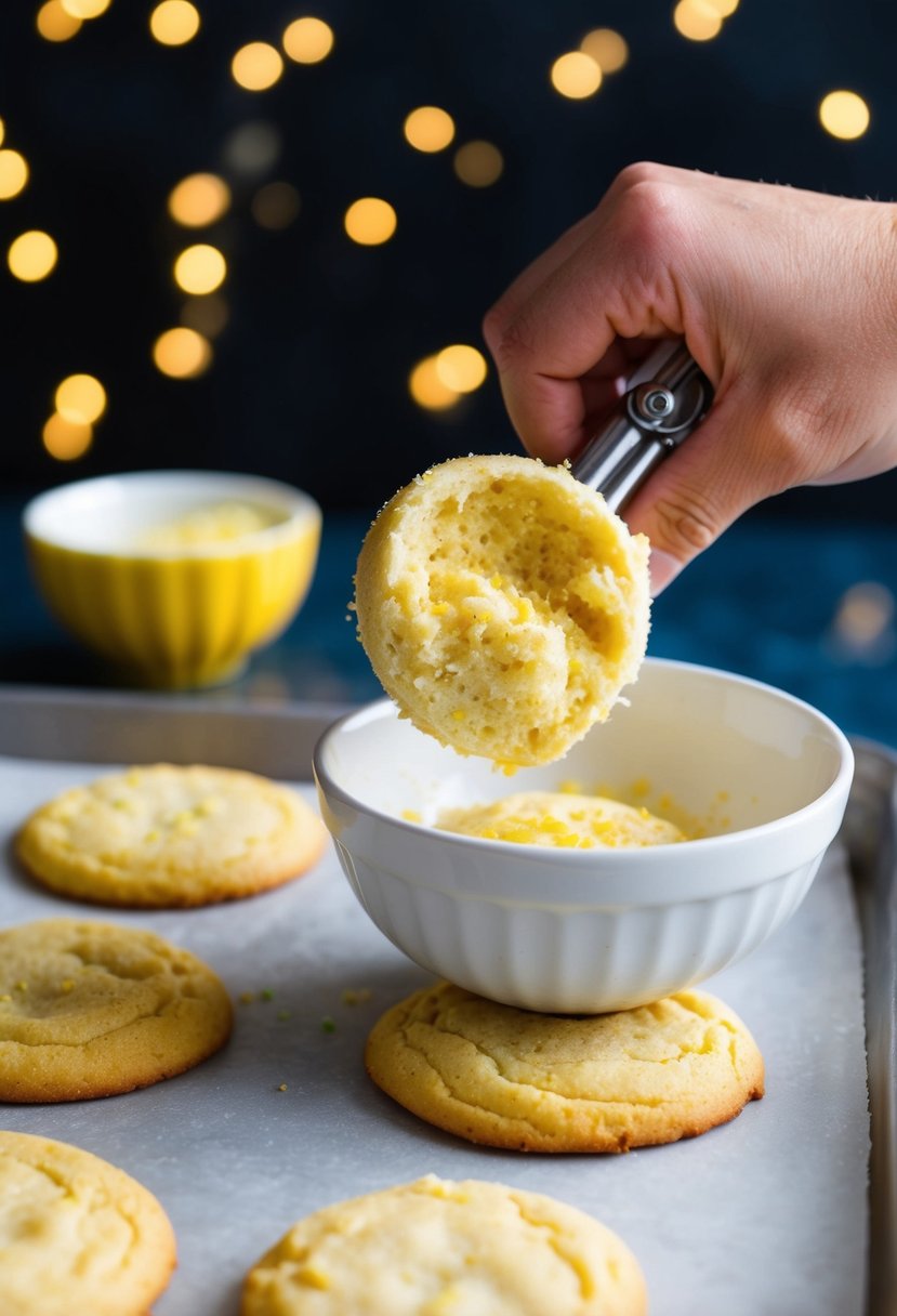 A bowl of lemon zest muffin mix cookies being scooped onto a baking sheet