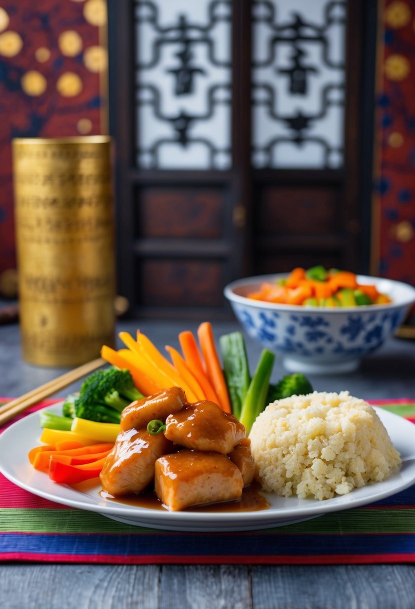 A plate of sweet and sour pork with colorful low-carb vegetables and a side of cauliflower rice, set against a traditional Chinese backdrop