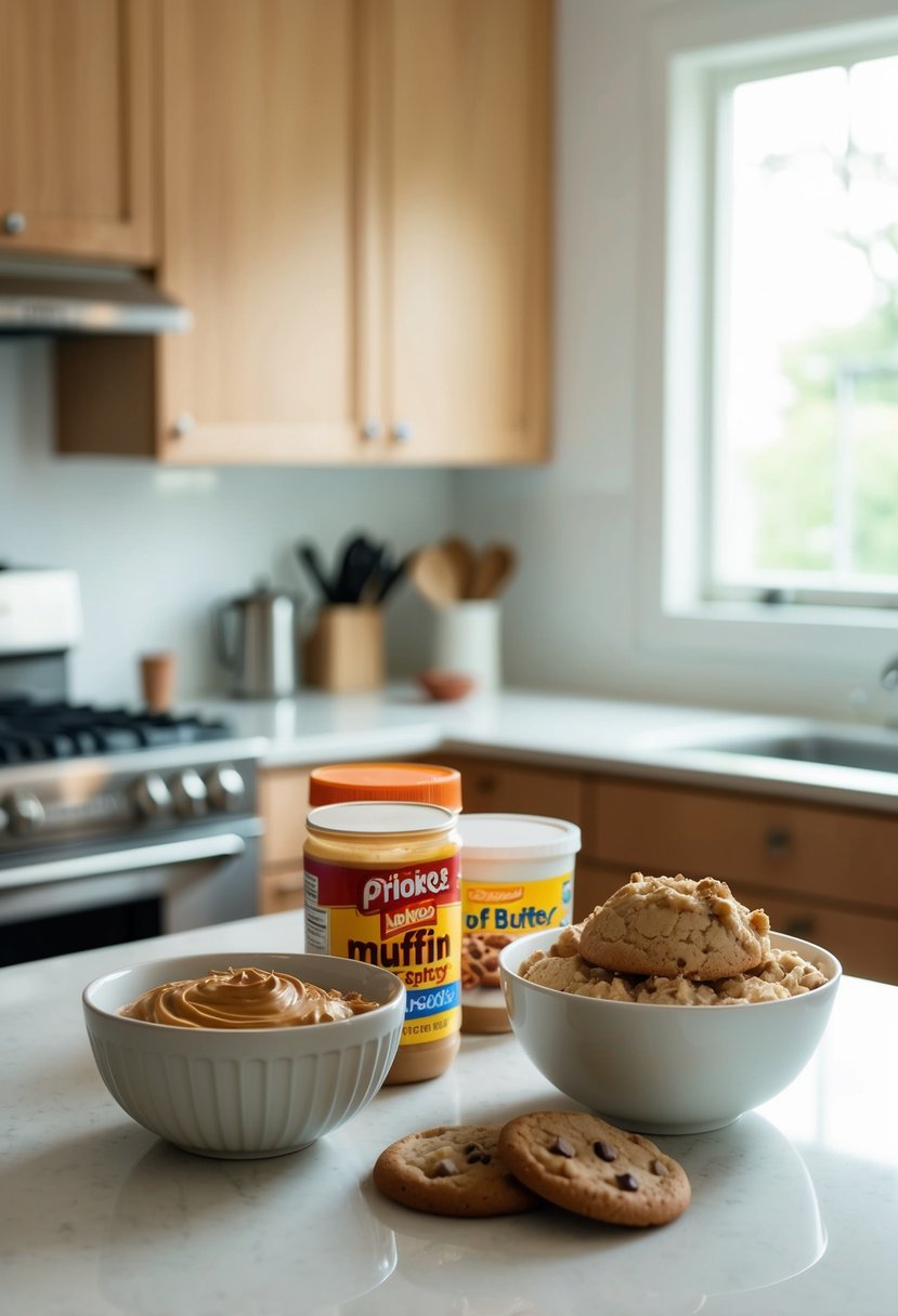 A bowl of muffin mix, peanut butter, and cookie dough ingredients arranged on a kitchen counter