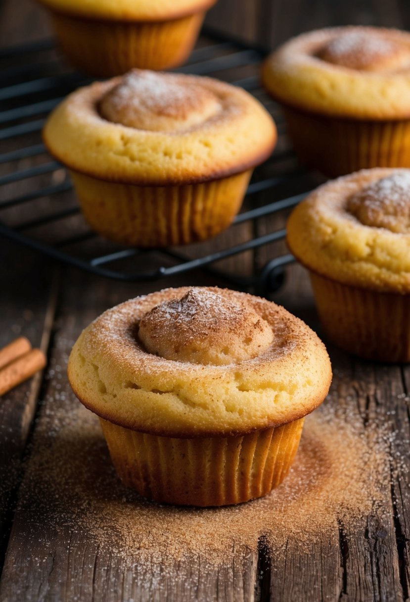 A warm, golden-brown muffin cookie, dusted with cinnamon sugar, sitting on a rustic wooden table