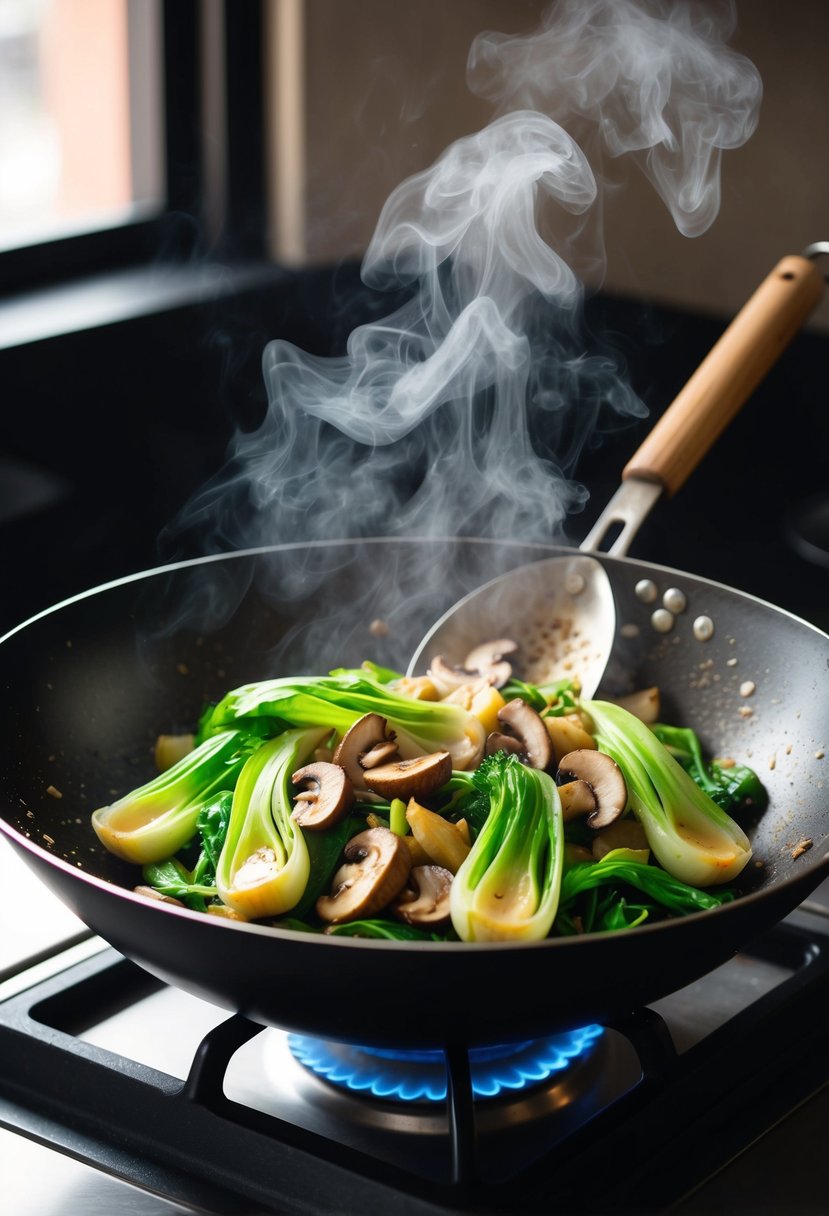 A sizzling wok filled with stir-fried garlic bok choy and mushrooms, emitting aromatic steam