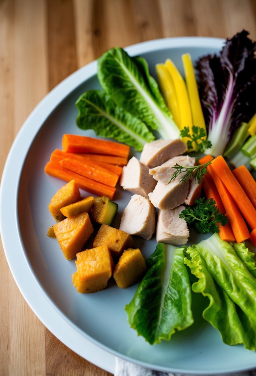 A colorful array of fresh vegetables, tender pieces of chicken, and vibrant lettuce leaves arranged on a clean, modern plate