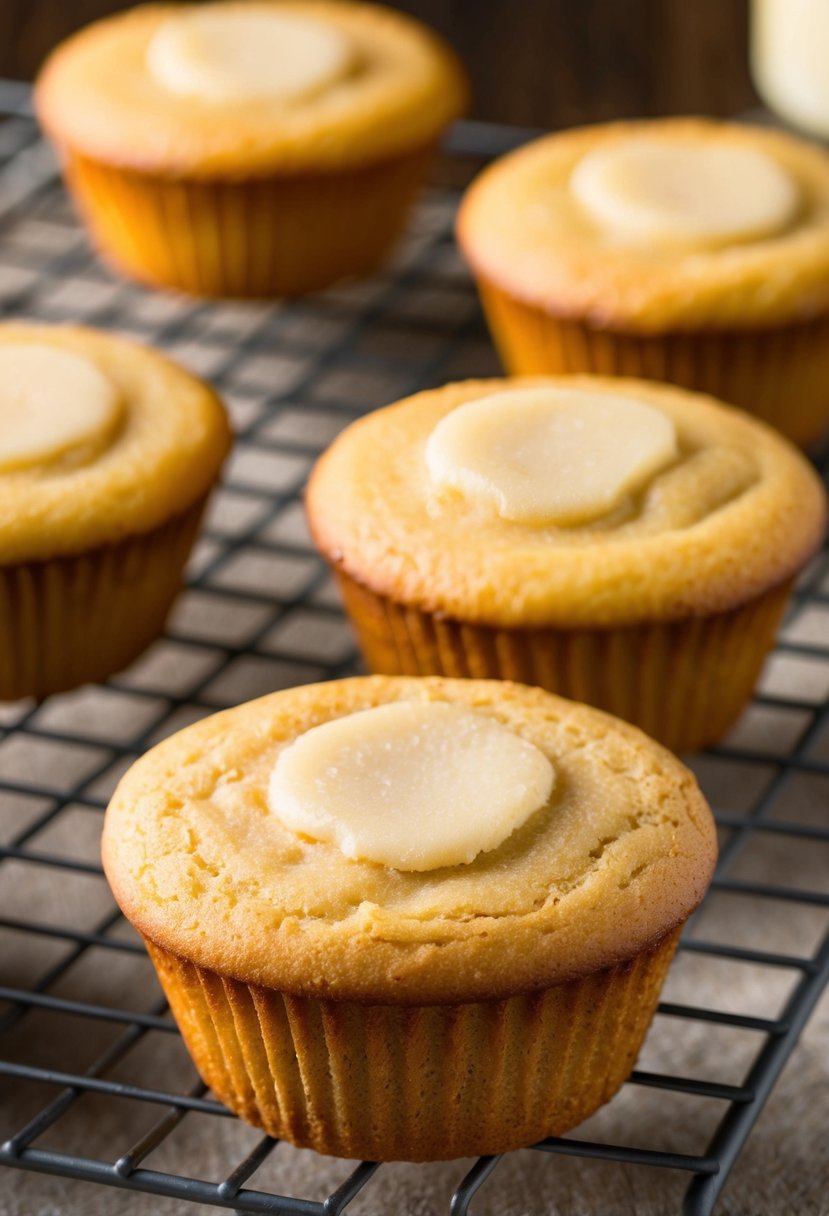 A warm, golden-brown muffin cookie cooling on a wire rack. Butter and vanilla scent wafting through the air