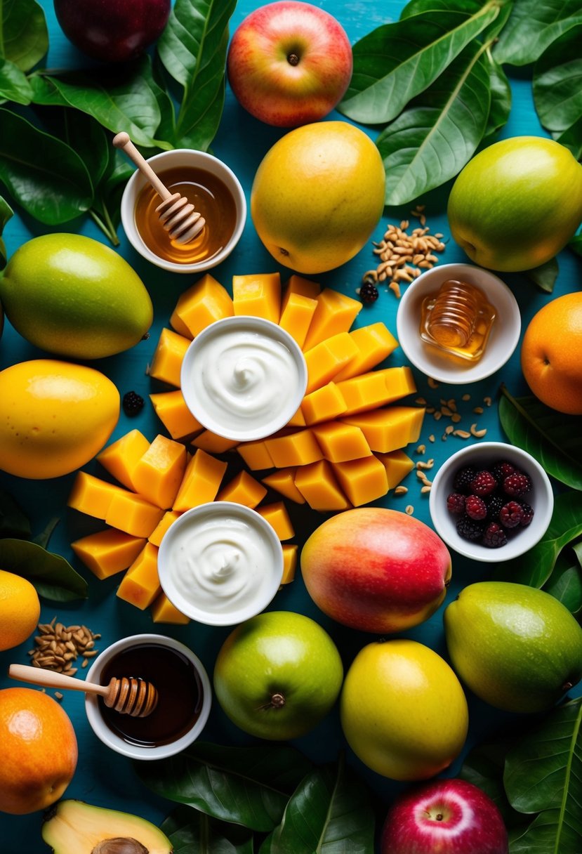 A vibrant array of fresh mangoes, yogurt, and honey, surrounded by colorful fruits and leafy greens