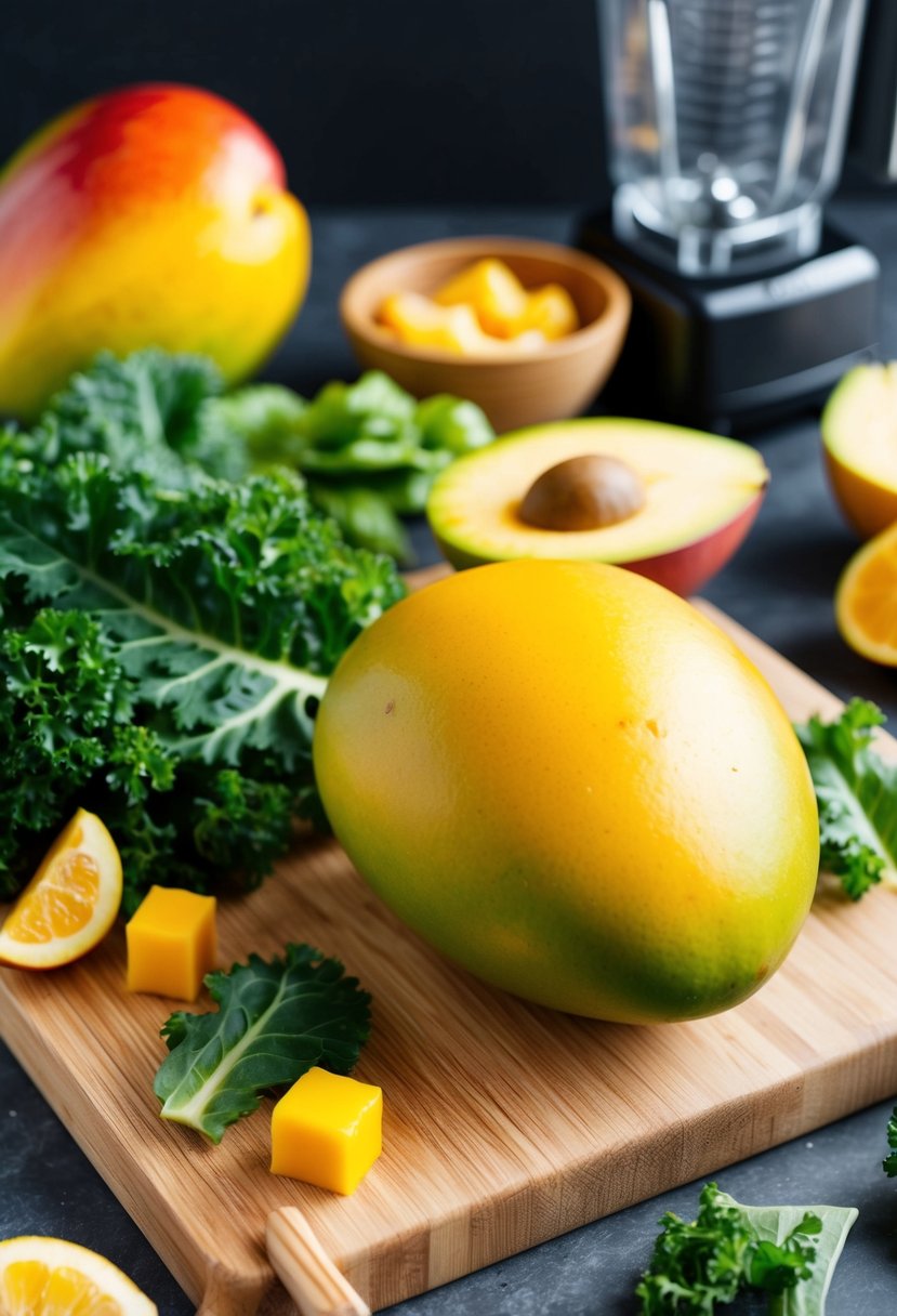 A ripe mango, fresh kale, and tropical fruits on a wooden cutting board, surrounded by a blender and ingredients