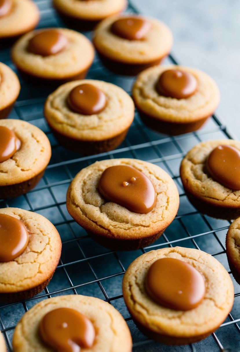 A batch of caramel drizzle muffin cookies cooling on a wire rack