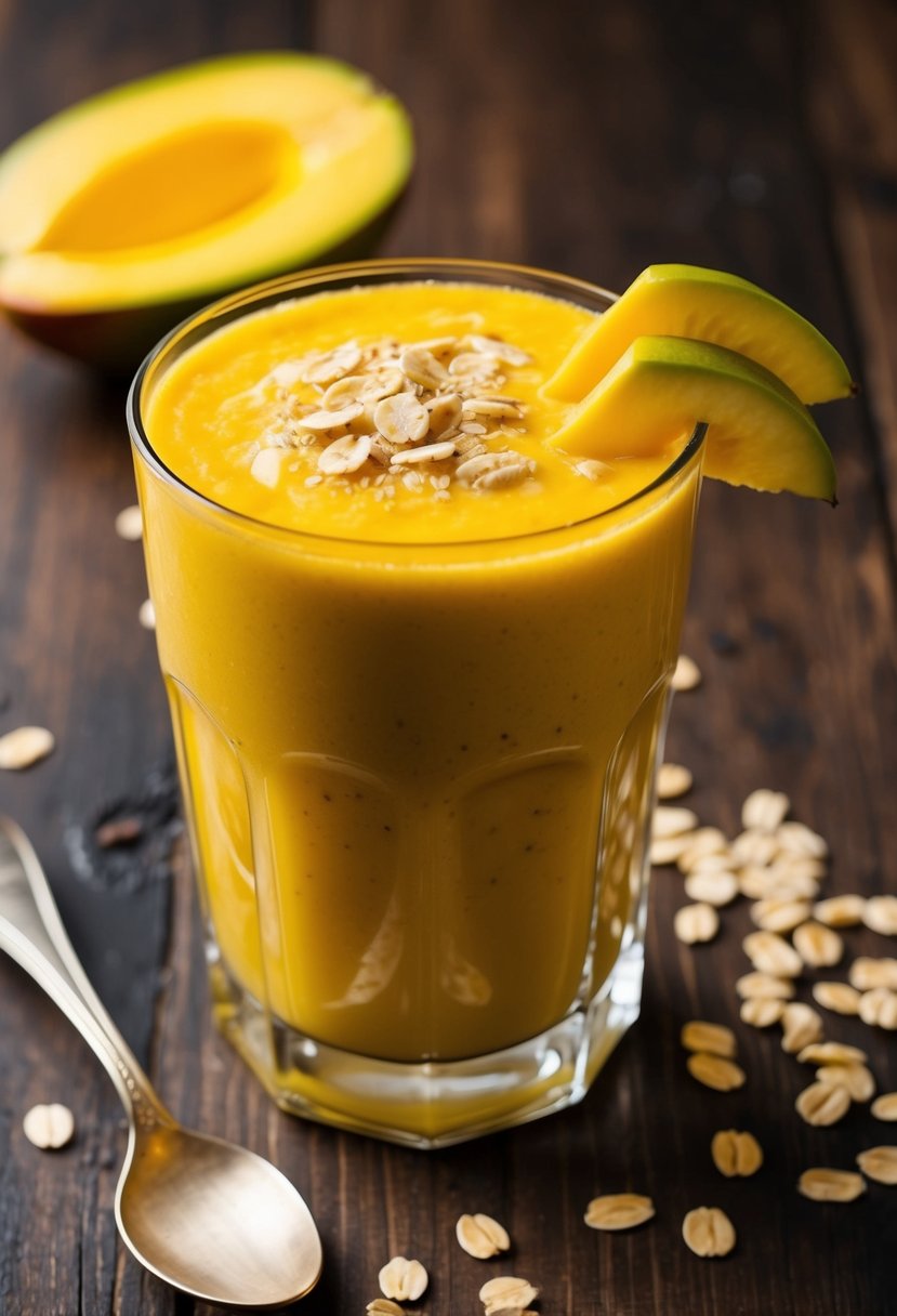 A glass filled with a vibrant yellow mango banana oatmeal smoothie, topped with slices of fresh mango and a sprinkle of oats