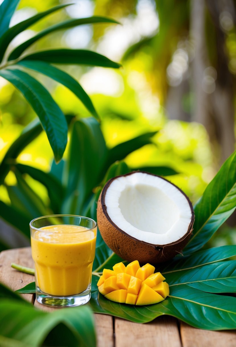 A ripe mango and coconut sit on a wooden table, surrounded by vibrant green leaves and a glass filled with a creamy mango smoothie