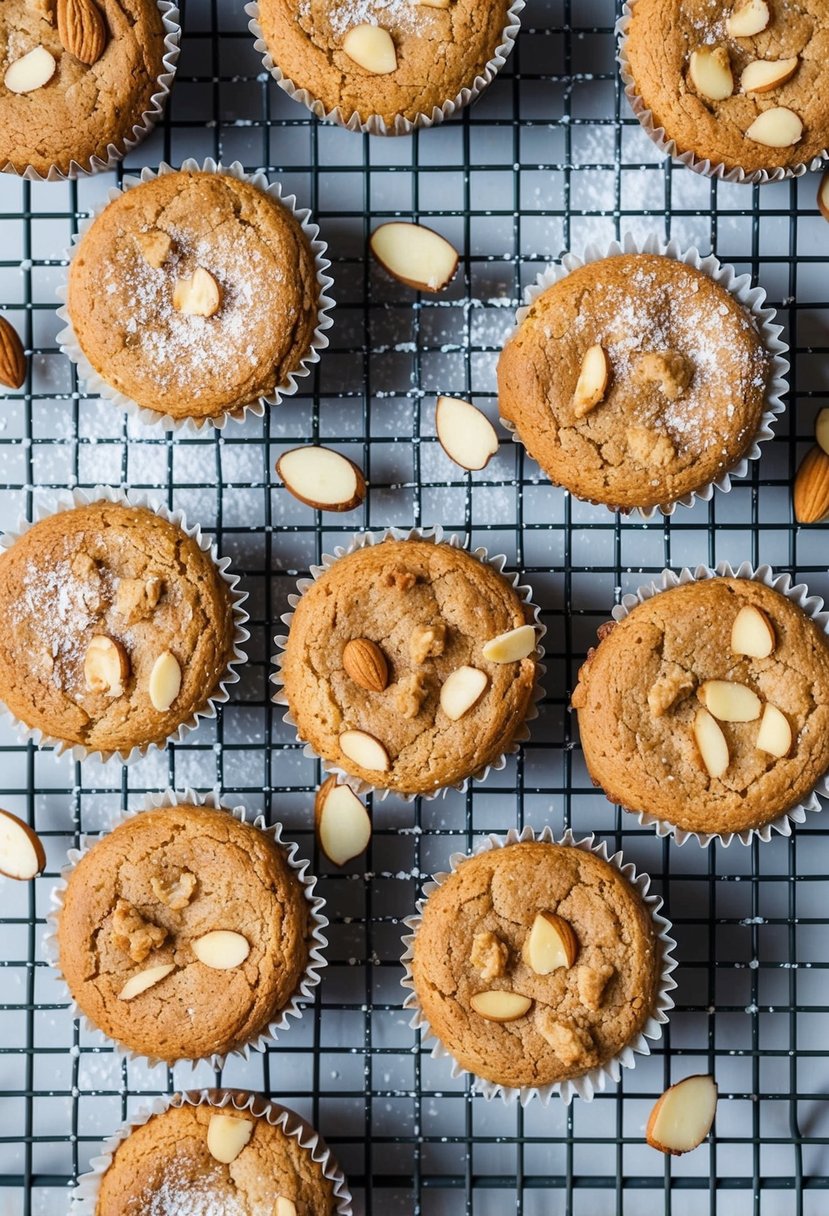 A batch of nutty almond muffin cookies cooling on a wire rack, surrounded by scattered almond slices and a dusting of powdered sugar