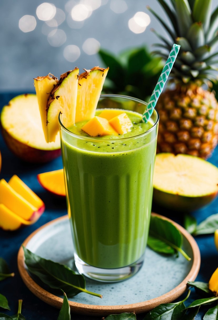 A glass filled with a vibrant green smoothie, topped with sliced pineapple and mango, surrounded by fresh fruit and tea leaves