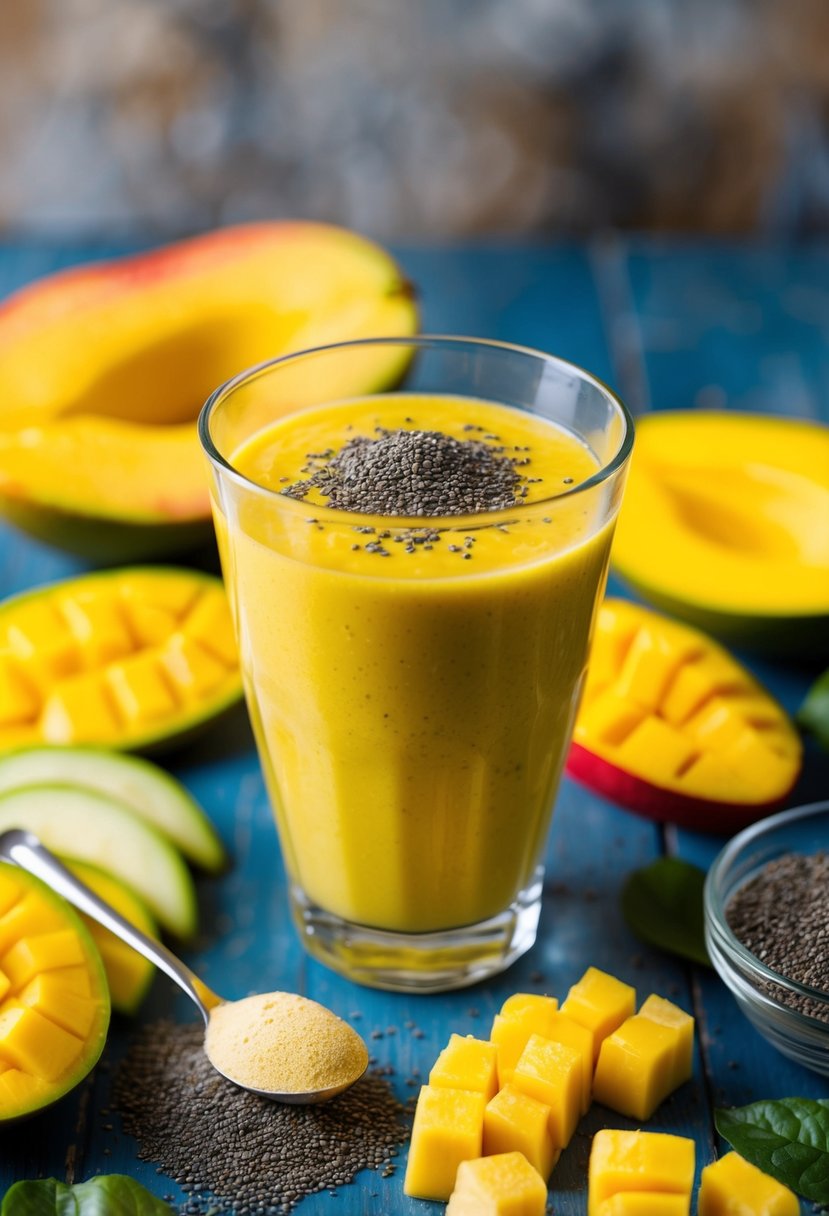 A glass of vibrant yellow mango smoothie surrounded by chia seeds, fresh mango slices, and a scoop of protein powder