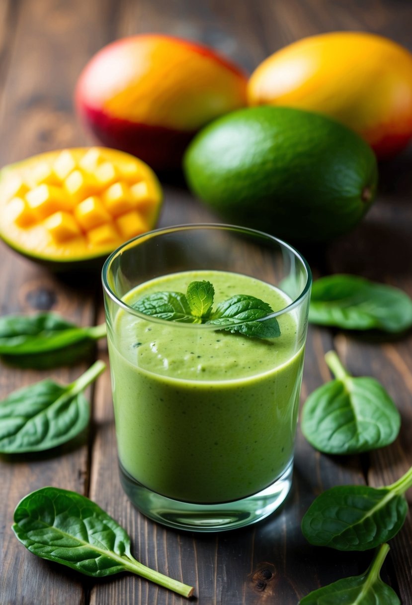 A glass of minty mango spinach smoothie surrounded by fresh mangoes and spinach leaves on a wooden table