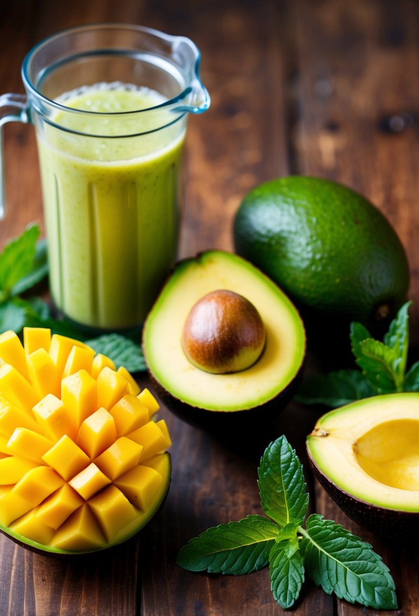 A ripe mango and avocado on a wooden table, surrounded by fresh mint leaves and a blender filled with a smoothie