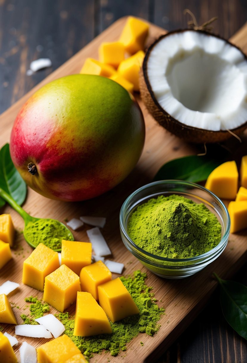 A ripe mango, a fresh coconut, and vibrant green matcha powder on a wooden cutting board surrounded by scattered mango chunks and coconut shavings