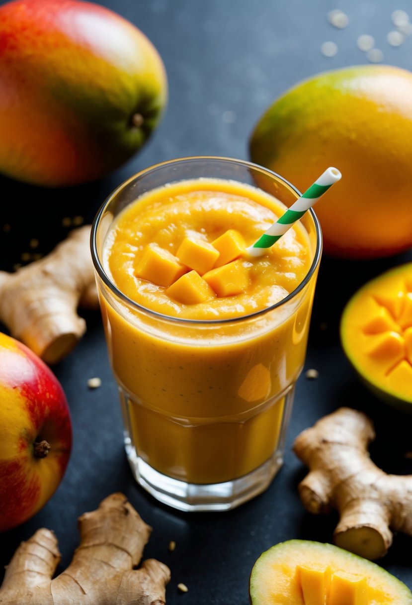 A glass of mango smoothie surrounded by fresh mangoes and ginger root