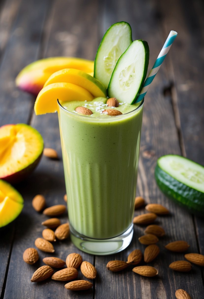 A glass filled with a vibrant green almond mango cucumber smoothie, topped with slices of fresh mango and cucumber, surrounded by scattered almonds