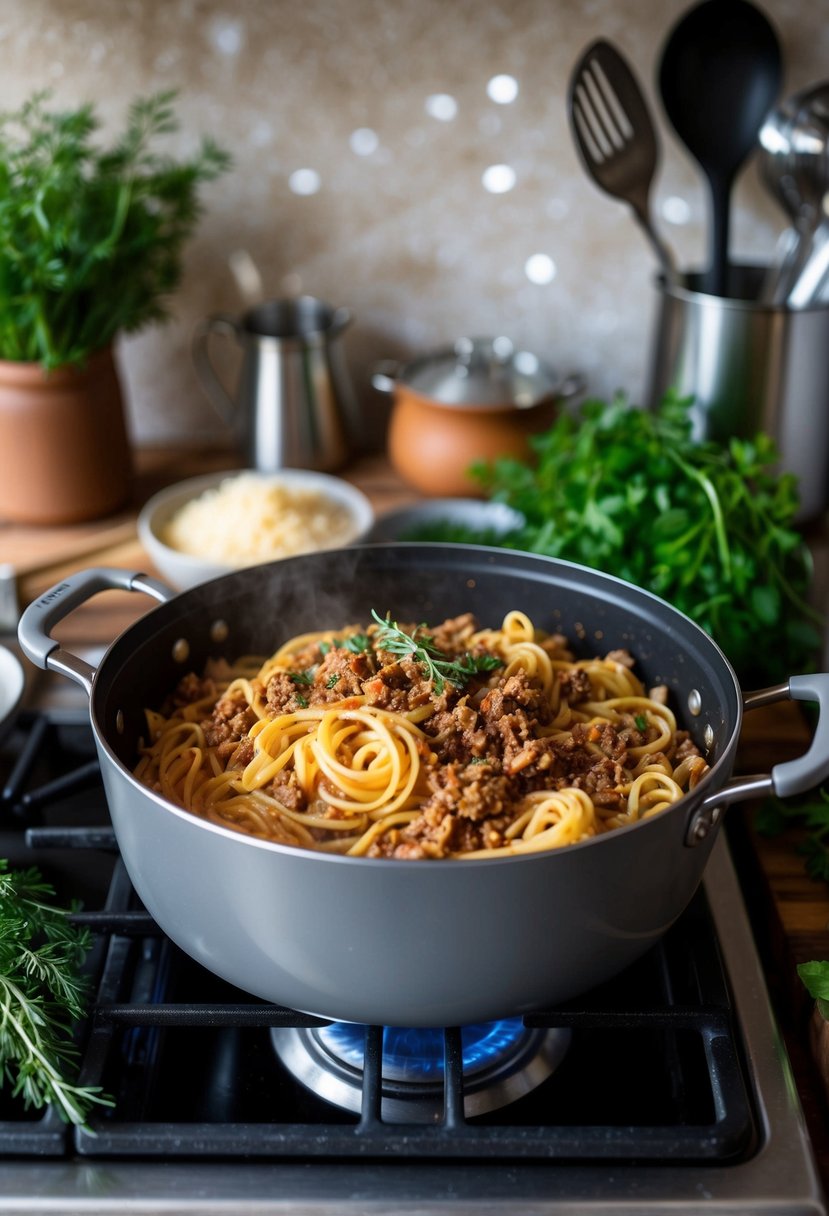 A rustic kitchen scene with a pot of simmering ground venison pasta on a stovetop, surrounded by fresh herbs and cooking utensils