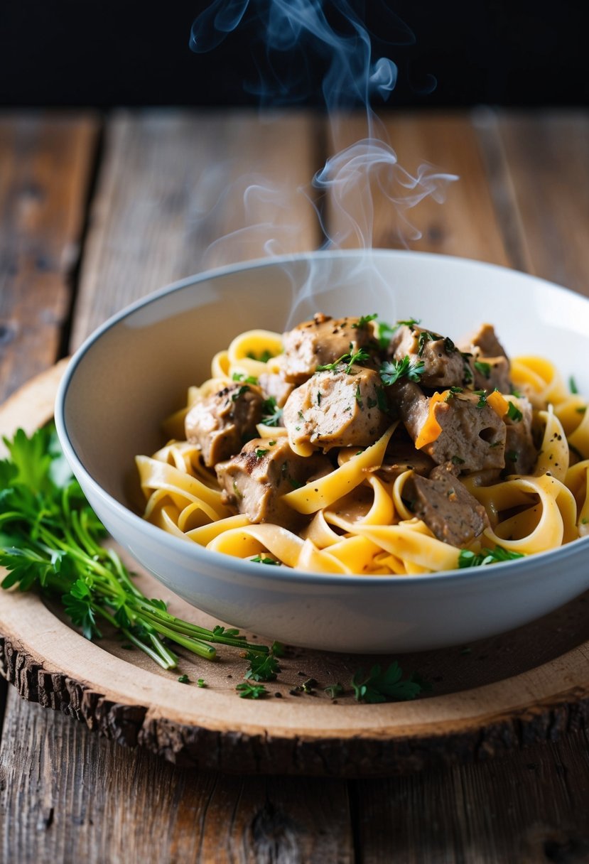 A steaming bowl of spicy venison stroganoff with pasta, garnished with fresh herbs and cracked black pepper, sits on a rustic wooden table