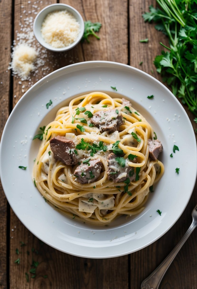 A rustic wooden table set with a steaming plate of creamy venison alfredo pasta, garnished with fresh herbs and grated parmesan