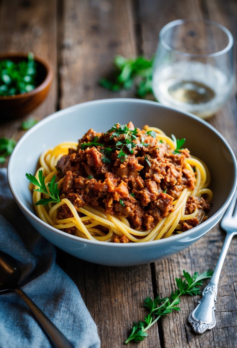 A steaming bowl of venison bolognese with pasta, garnished with fresh herbs, on a rustic wooden table