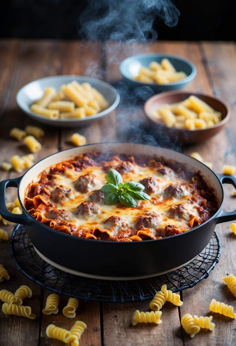 A steaming, rustic venison lasagna sits on a wooden table, surrounded by scattered pasta recipes