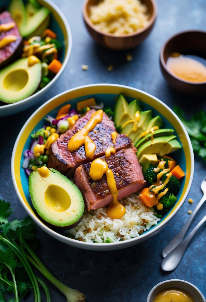 A colorful bowl filled with seared tuna steak, avocado, rice, and assorted vegetables, drizzled with a savory sauce