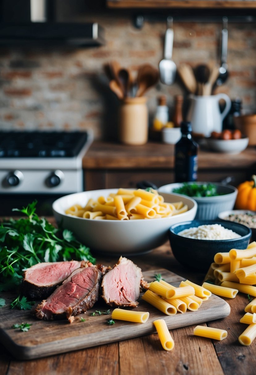 A rustic kitchen counter with fresh venison, ziti pasta, and assorted ingredients scattered around