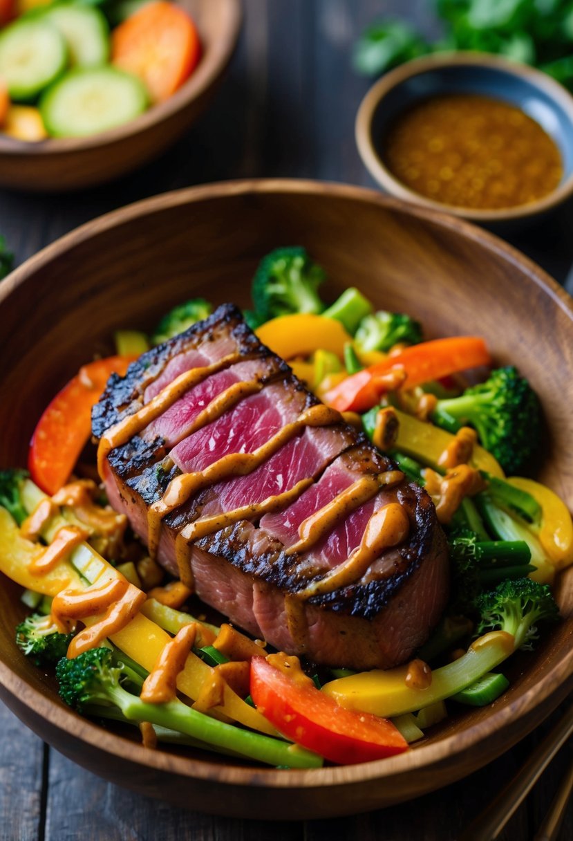 A wooden bowl filled with seared ahi tuna steak, surrounded by colorful vegetables and drizzled with a savory sauce