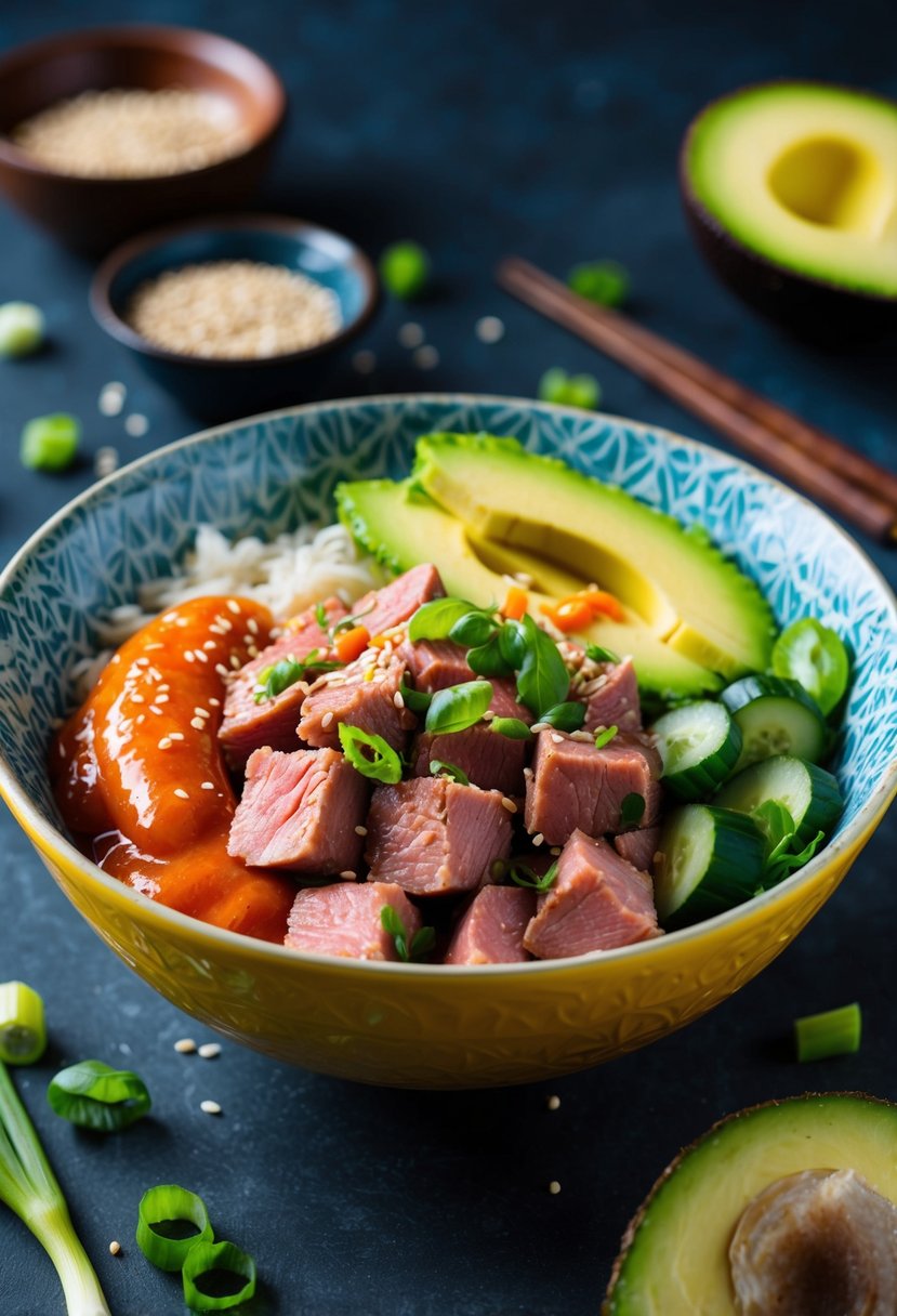 A colorful bowl filled with diced tuna steak, avocado, cucumber, and spicy sauce, garnished with sesame seeds and green onions