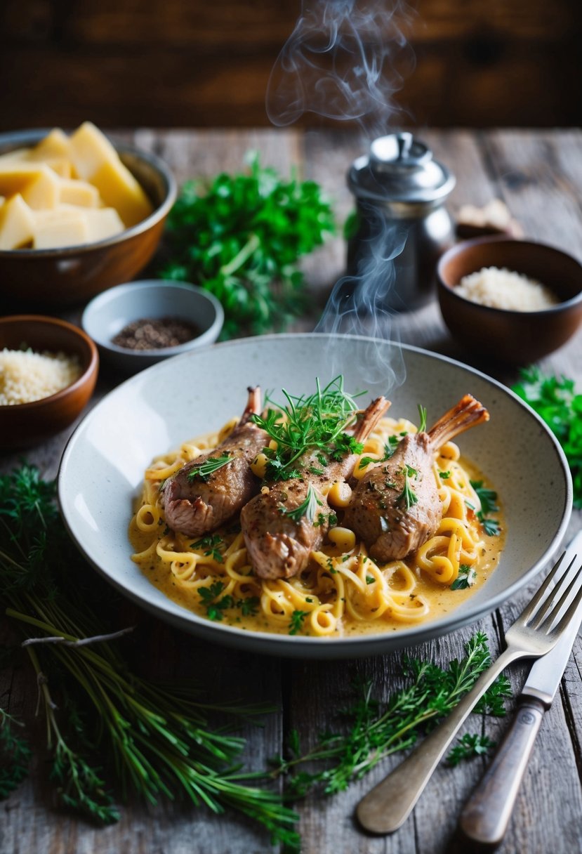 A rustic kitchen scene with a steaming plate of venison carbonara surrounded by fresh herbs and ingredients