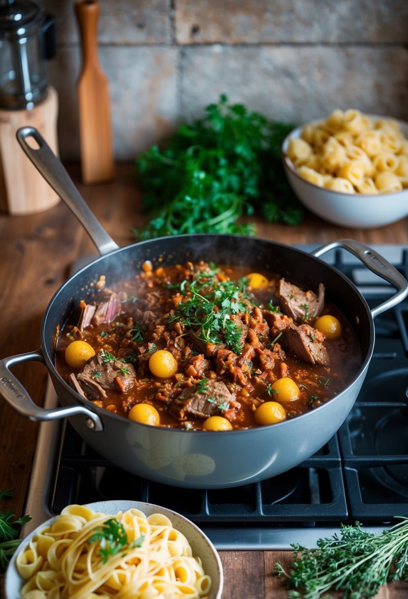 A rustic kitchen with a bubbling pot of venison ragu simmering on the stove, surrounded by fresh herbs and a mound of pasta