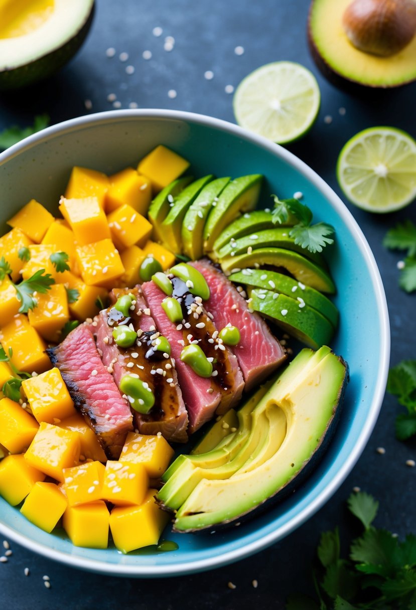 A vibrant bowl filled with cubed mango, sliced avocado, and seared tuna steak, drizzled with a tangy dressing and garnished with sesame seeds