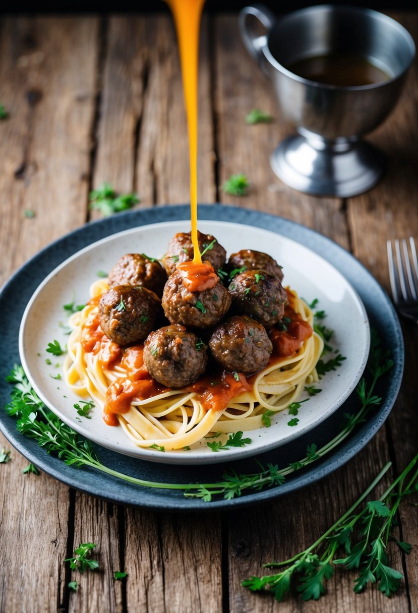 A rustic wooden table with a plate of classic venison meatballs atop a bed of pasta, surrounded by fresh herbs and a drizzle of savory sauce