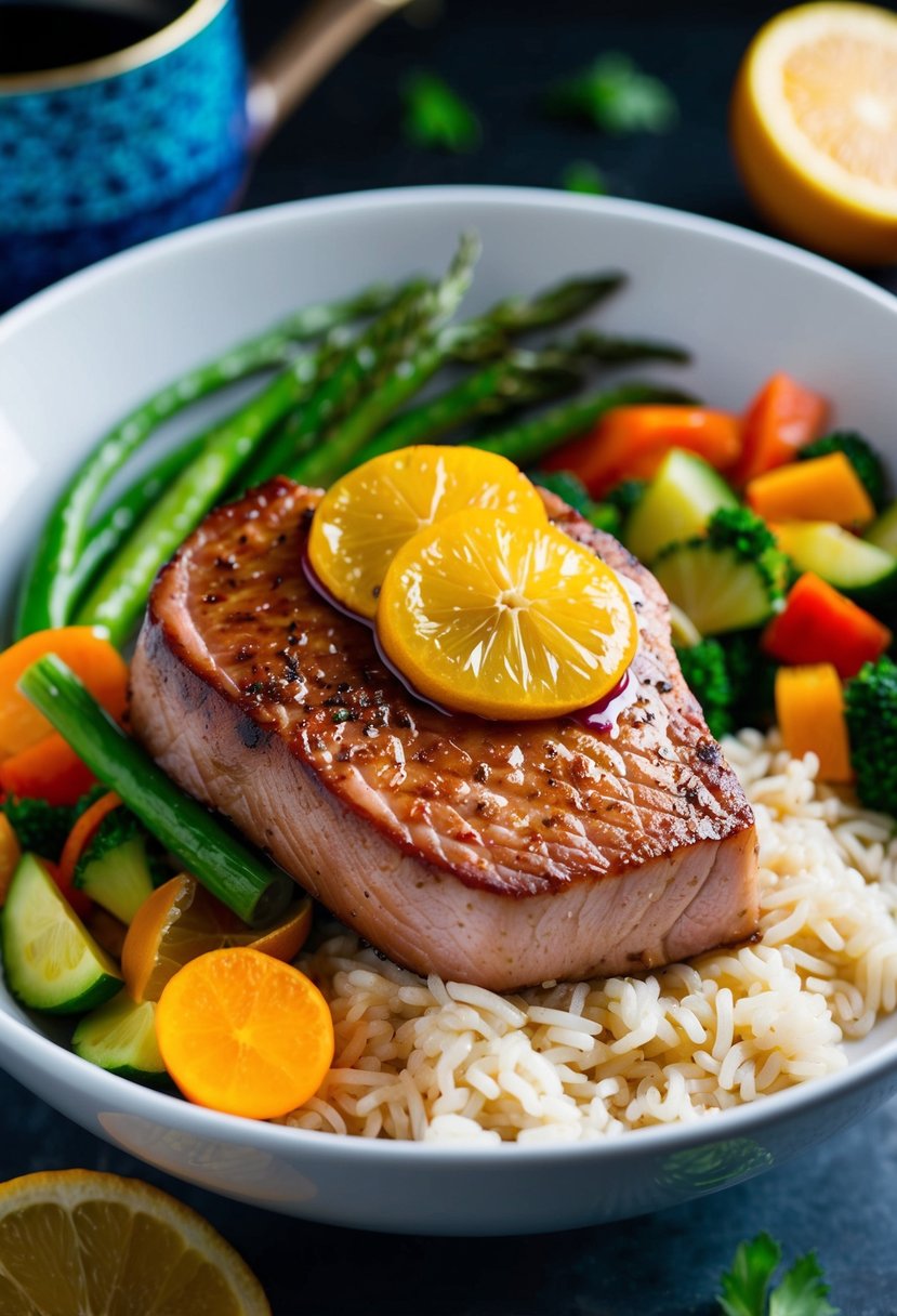 A colorful bowl filled with seared tuna steak, topped with a glossy citrus-soy glaze, surrounded by vibrant vegetables and fluffy rice