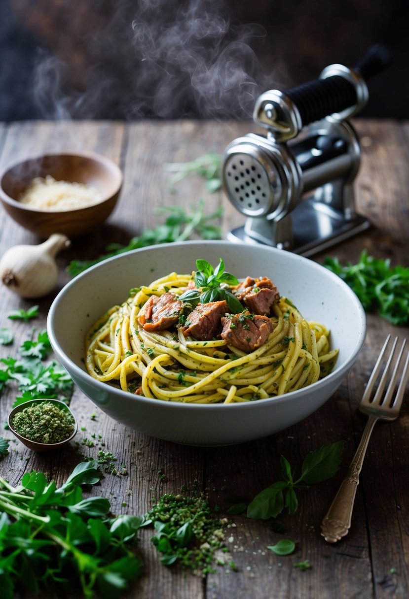 A rustic kitchen table set with a steaming bowl of venison pesto pasta, surrounded by scattered fresh herbs and a vintage pasta maker