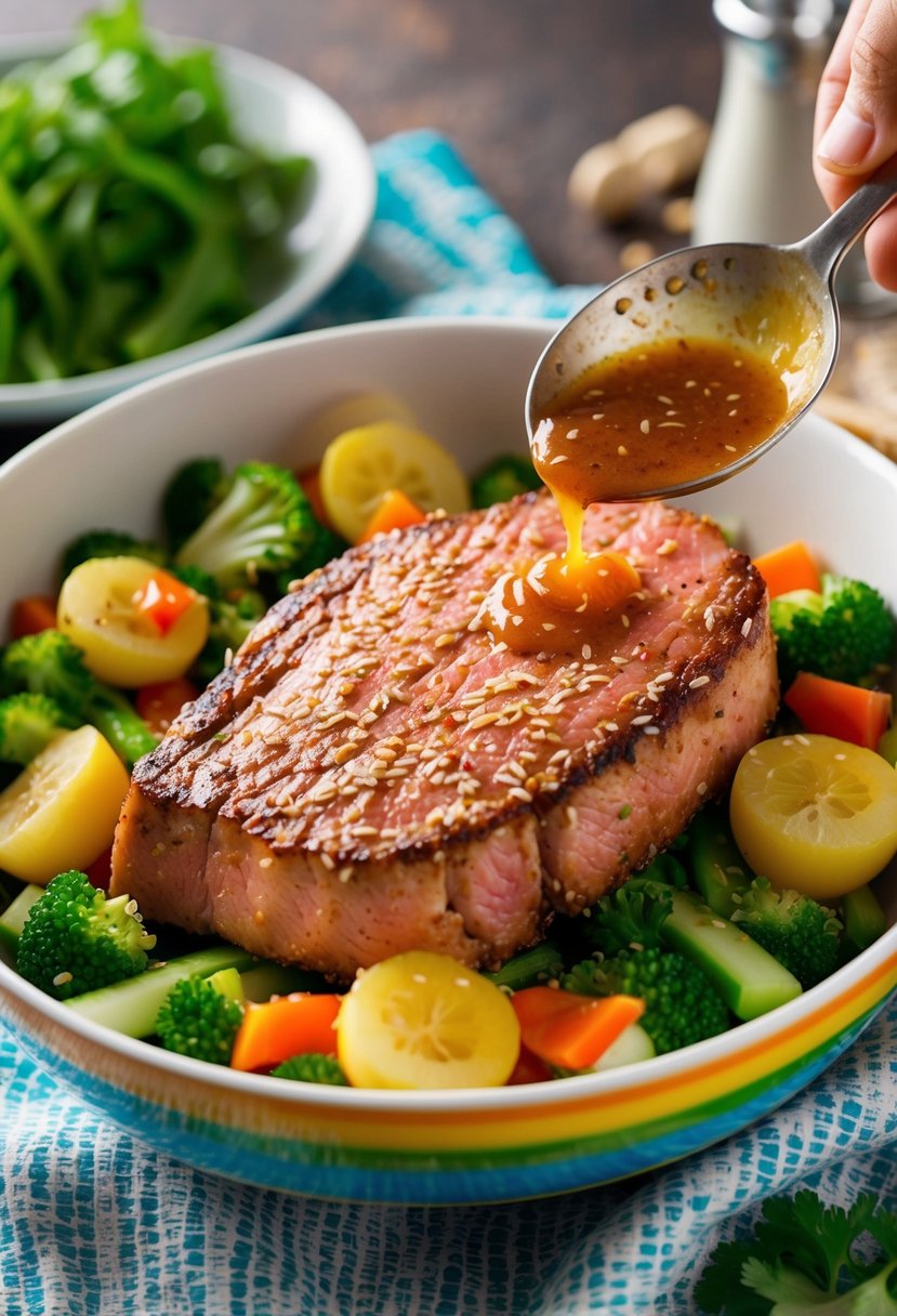 A colorful bowl filled with sesame-crusted tuna steak, surrounded by fresh vegetables and drizzled with a savory sauce