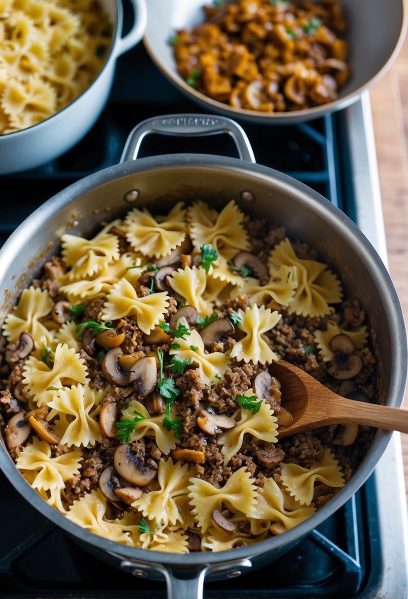 A pot of farfalle pasta with ground venison and mushroom sauce simmering on the stove