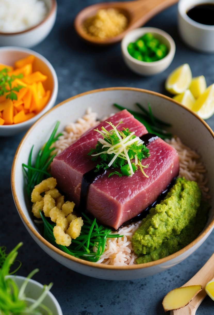 A colorful tuna steak bowl with wasabi and ginger, surrounded by fresh ingredients and garnishes