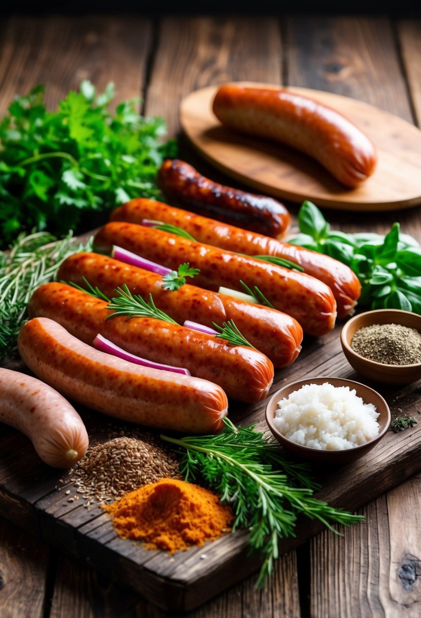 A rustic wooden table with a variety of kielbasa sausages, fresh herbs, and spices arranged for cooking