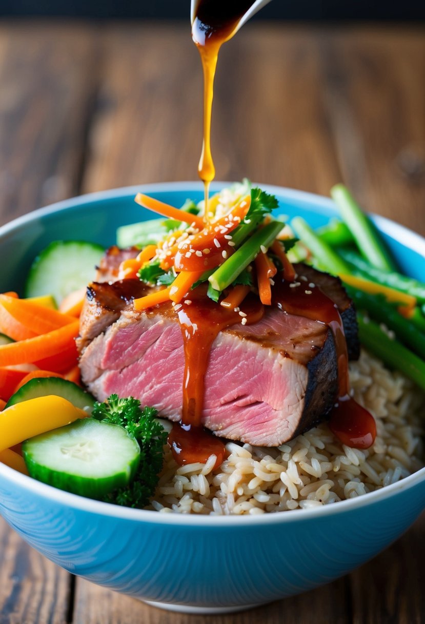 A colorful teriyaki tuna bowl with brown rice, topped with grilled tuna steak, assorted vegetables, and drizzled with savory teriyaki sauce